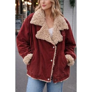 Free People Sherpa Jacket Womens Large Burgundy Oversized Boho Coat Lined